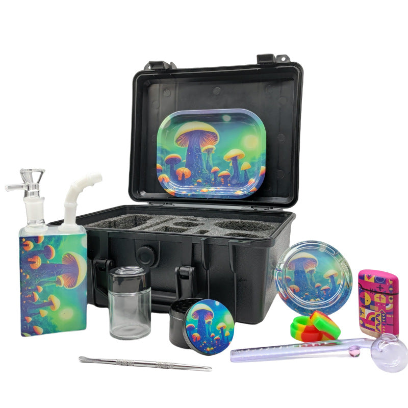 Suitcase smoking set glass hookah pipe lighter ashtray tobacco grinder jar set